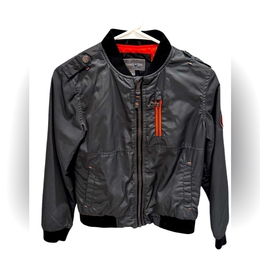 Michael Kors Grey Moto Bomber Jacket Orange Patch Boys Size 11/12